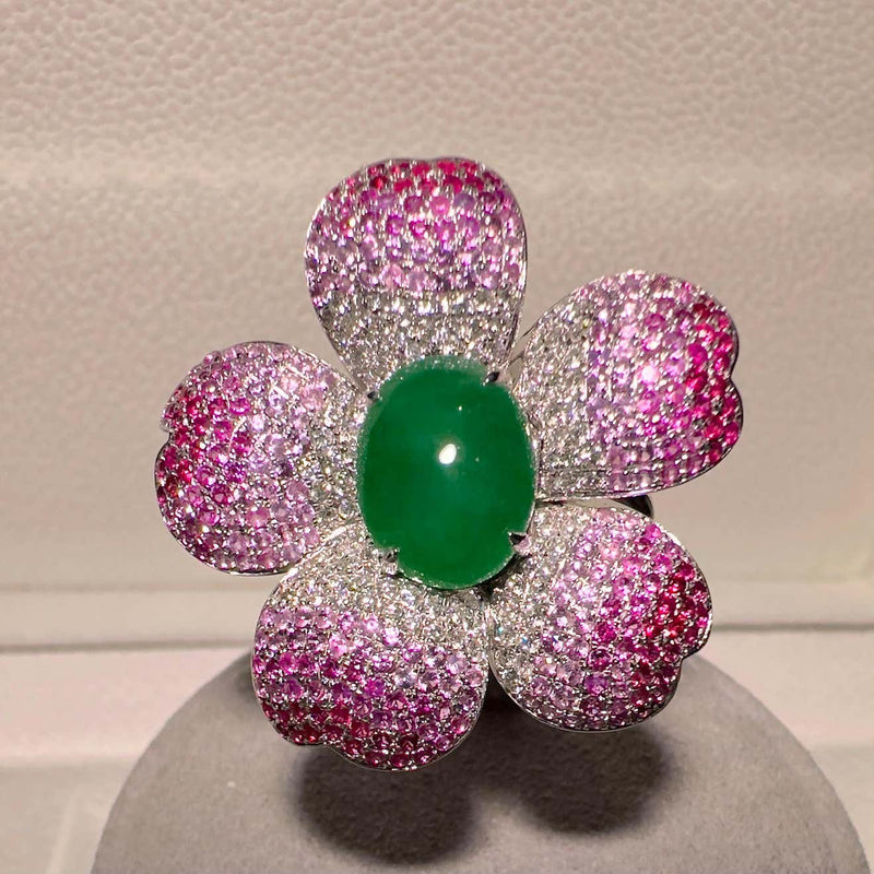 Eostre Type A Green Jadeite, Pink Sapphire and Diamond Pendant Ring in 18k Gold