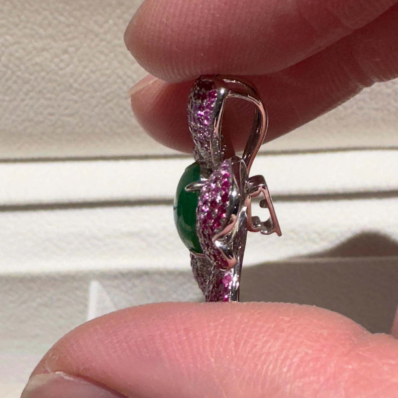 Eostre Type A Green Jadeite, Pink Sapphire and Diamond Pendant Ring in 18k Gold