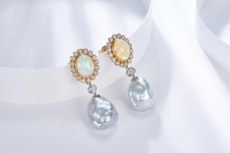 Australian Solid White Opal and South Sea Pearl in Baroque Shape Earring