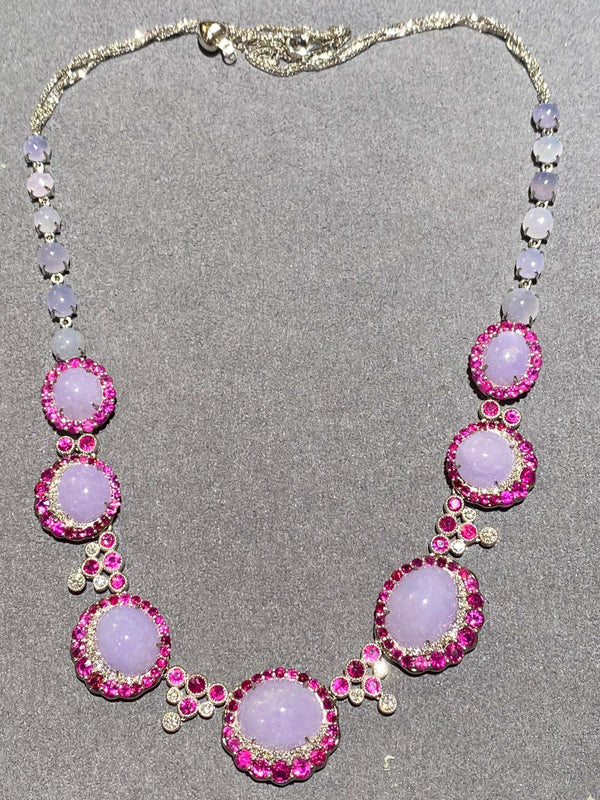 Eostre Type A Lavender Jadeite, Ruby and Diamond Necklace in 18k White Gold