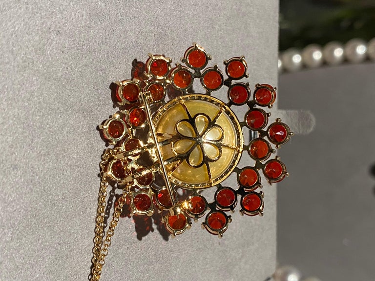 Eostre Fire Opal, South Sea Pearl and Yellow Diamond Yellow Gold Pendant Brooch