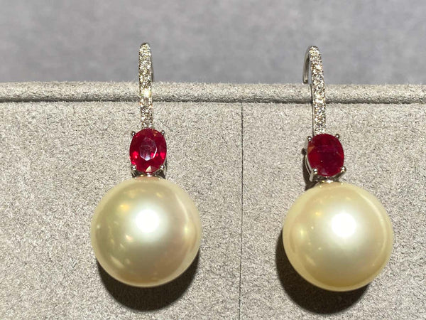 Eostre Ruby, Champagne Colour South Sea Pearl and Diamond Earrings in 18k Gold