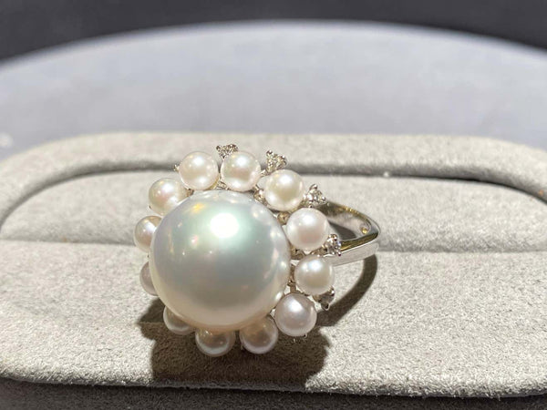Australian South Sea Pearl, Seed Pearl and Diamond Ring in 18k White Gold