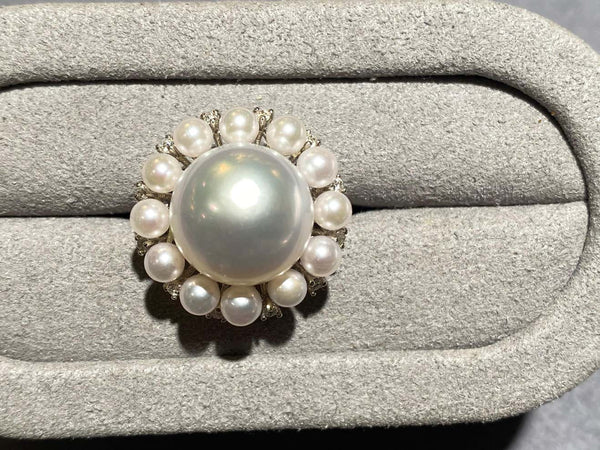 Australian South Sea Pearl, Seed Pearl and Diamond Ring in 18k White Gold
