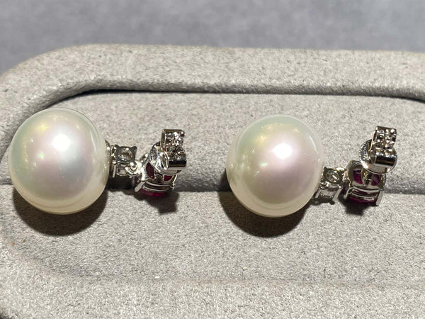 Eostre Ruby, White Australian South Sea Pearl and Diamond Earrings in 18k Gold