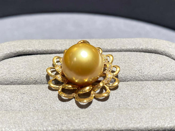 Deep Golden Colour South Sea Pearl and Diamond Pendant in 18k Yellow Gold