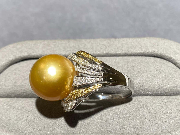 Golden Colour South Sea Pearl and Diamond Ring in 18k White Gold