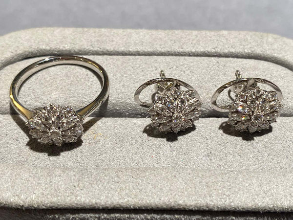 Eostre Flower Motif Diamond Earrings and Ring Jewellery Set in 18k White Gold
