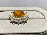 Fire Opal, Seed Pearl and Diamond Pendant in 18k White Gold