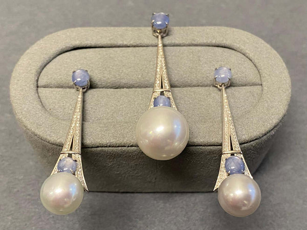 Eostre South Sea Pearl Star Sapphire and Diamond Jewellery Set in 18k White Gold