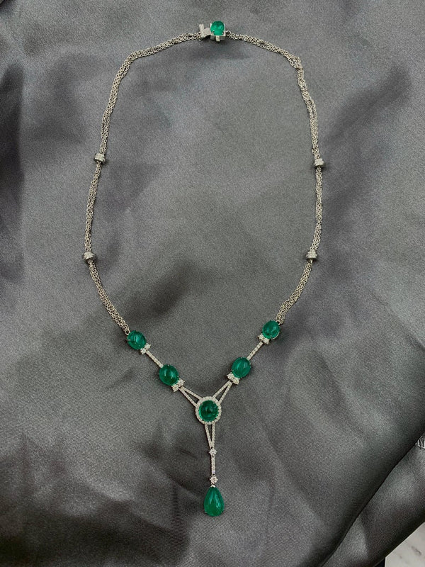 Eostre Emerald Cabochon Sugarloaf and Diamond White Gold Necklace