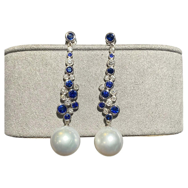 Eostre Blue Sapphire and Diamond Earrings in 18k White Gold