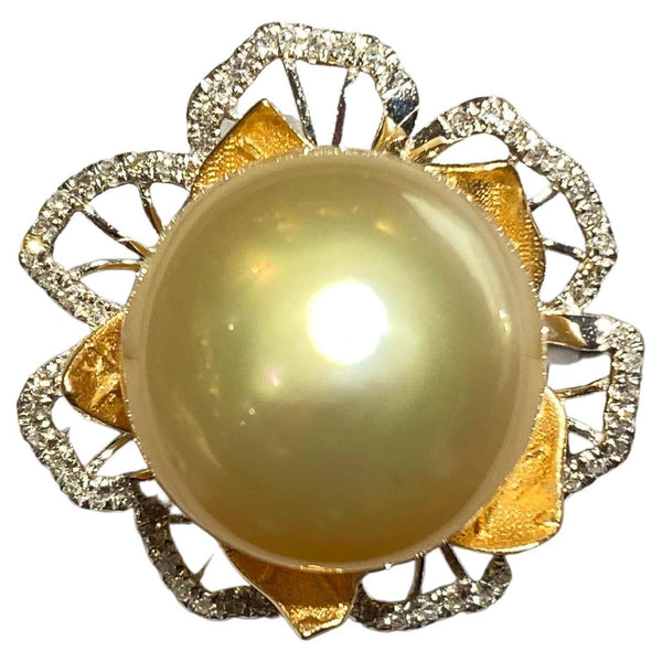 Champagne Colour South Sea Pearl and Diamond Ring in 18k Yellow and White Gold