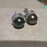 Eostre Green Colour Black Tone Tahitian Pearl and Diamond White Gold Earring