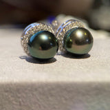 Eostre Green Colour Black Tone Tahitian Pearl and Diamond White Gold Earring