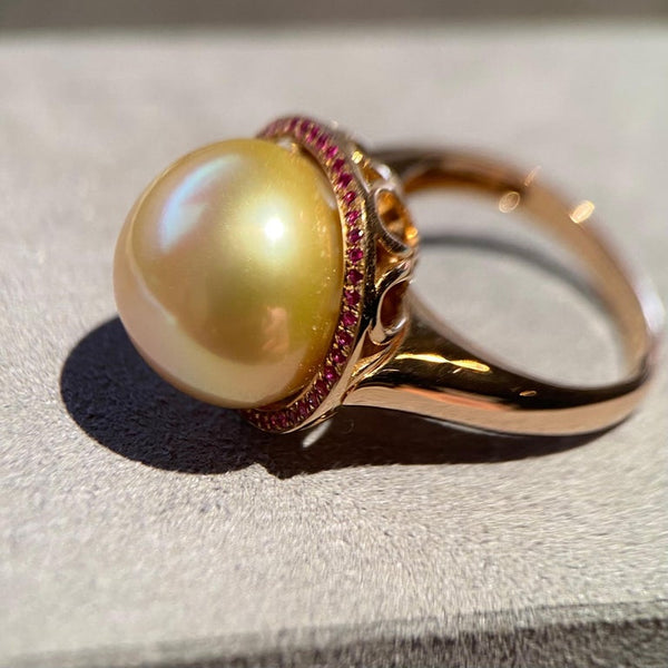 Eostre South Sea Pearl Golden Colour and Ruby Rose Gold Ring