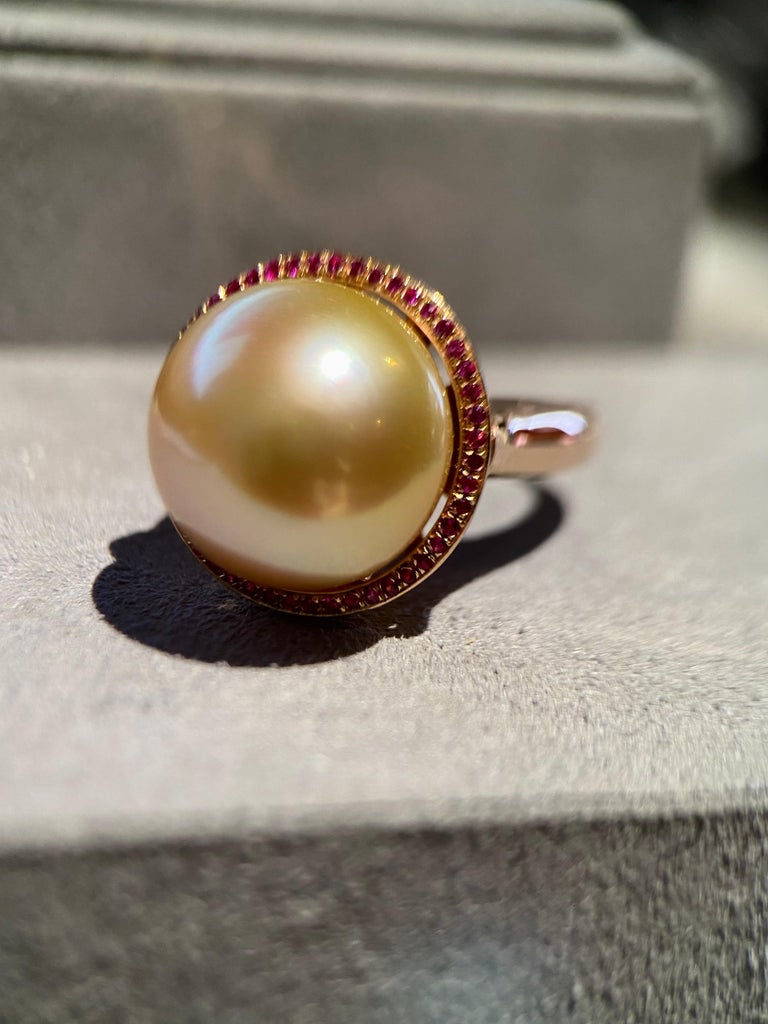 Eostre South Sea Pearl Golden Colour and Ruby Rose Gold Ring