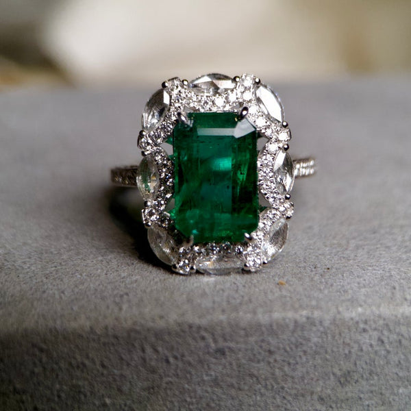 EOSTRE Emerald and Diamond 18K White Gold Ring