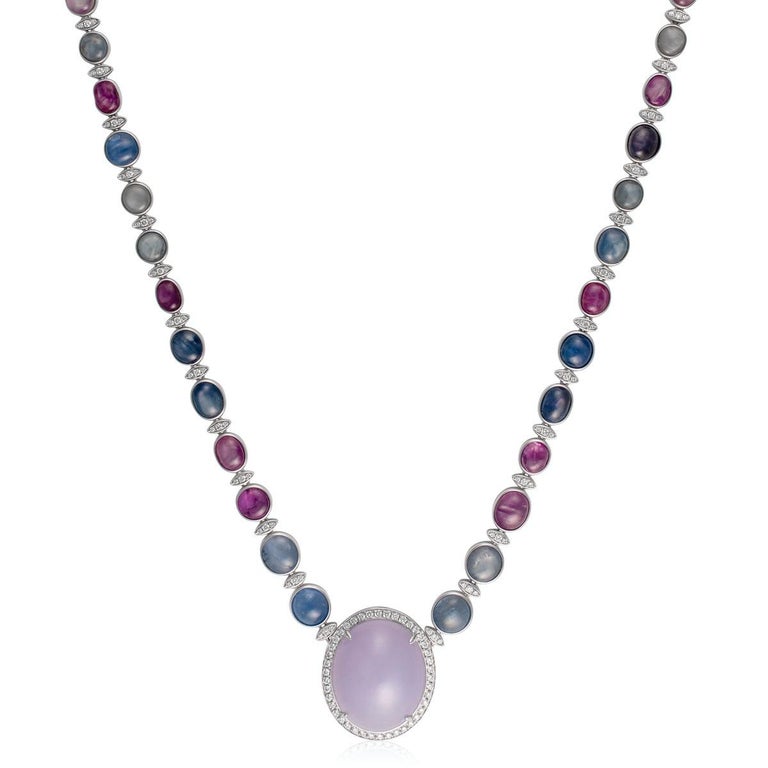 55.36 Ct Star Sapphire, Type A Natural Jadeite and Diamond Necklace in 18k Gold