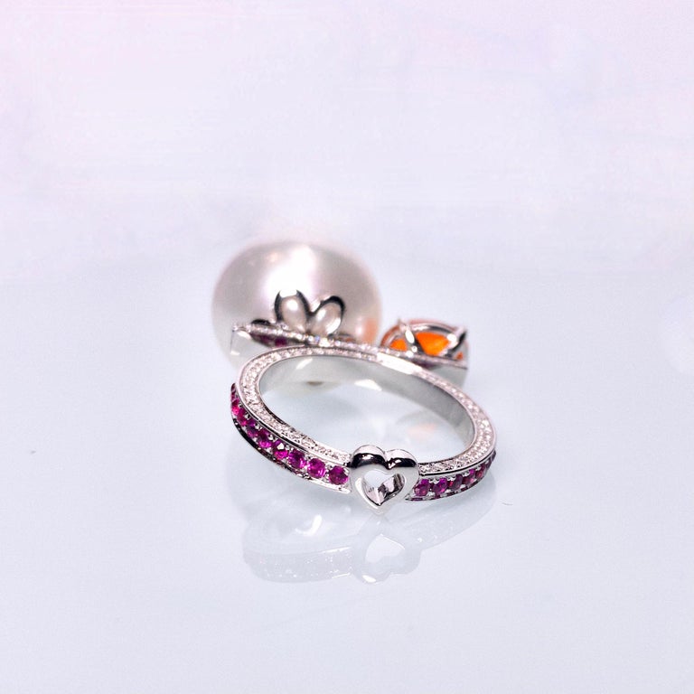 Eostre Fire Opal, South Sea Pearl, Ruby and Diamond White Gold Ring