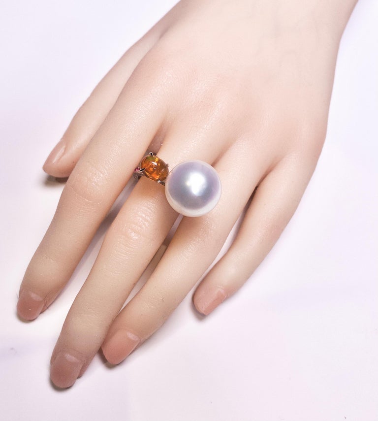 Eostre Fire Opal, South Sea Pearl, Ruby and Diamond White Gold Ring