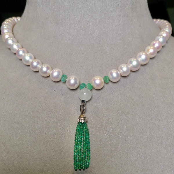 Freshwater Pearl, Emerald and Jadeite Necklace with 18k Gold Clasp