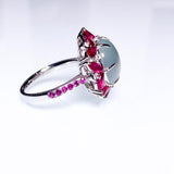 EOSTRE Natural Light Green Jadeite Jade, Ruby and Diamond White Gold Ring