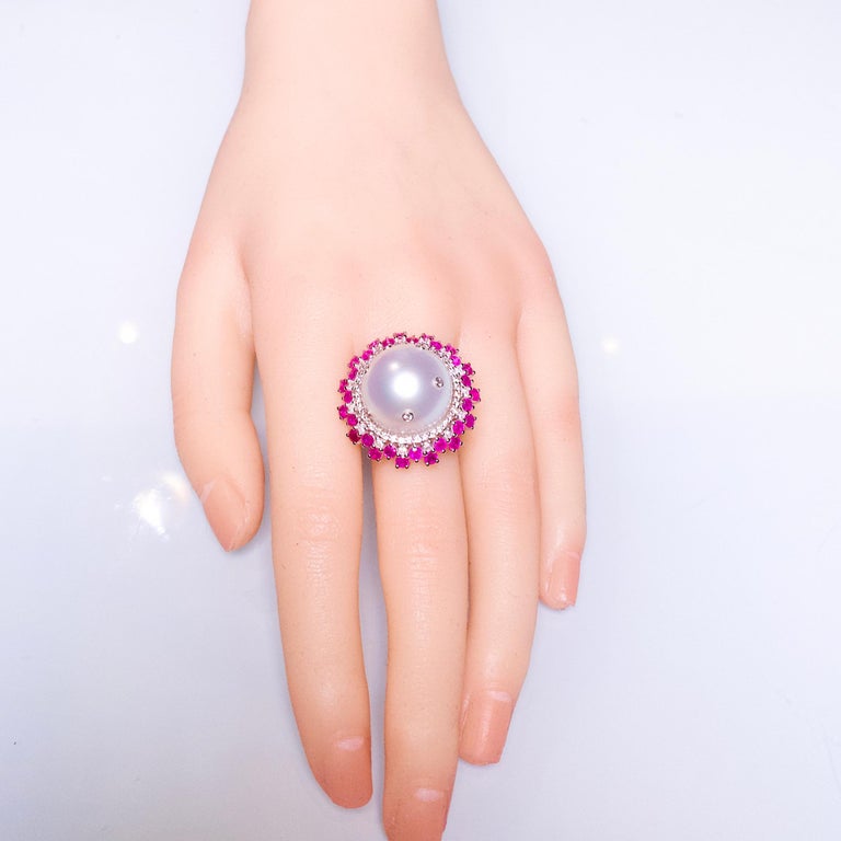 Eostre White South Sea Pearl, Ruby and Diamond White Gold Ring