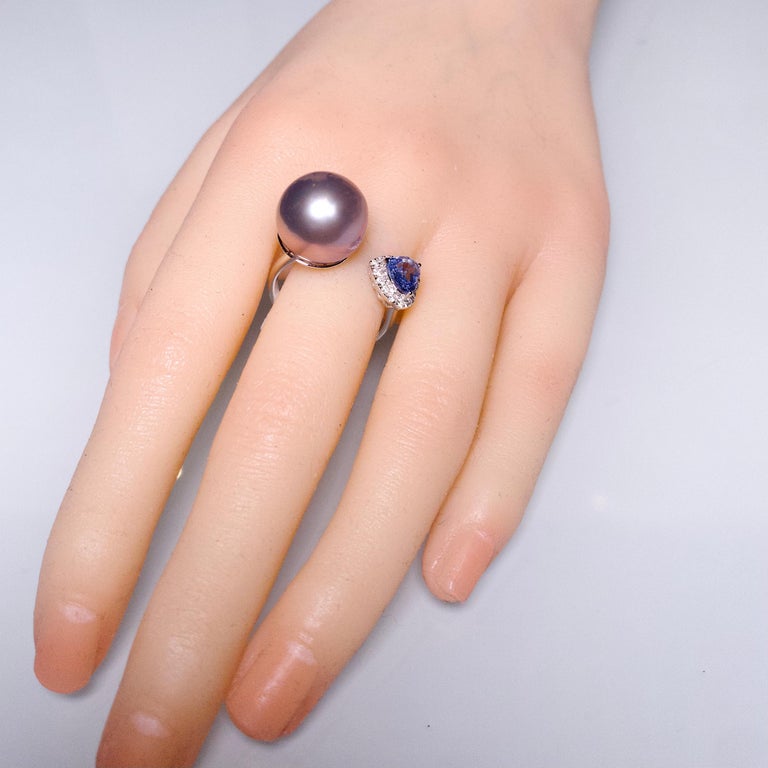 Eostre Lavender Colour Freshwater Pearl, Sapphire and Diamond White Gold Ring