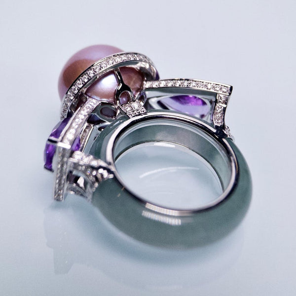 Eostre Freshwater Pearl, Amethyst, Type A Jadeite and Diamond White Gold Ring