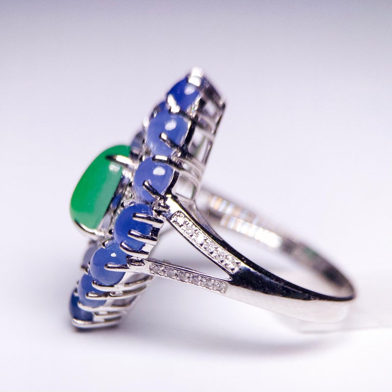 Eostre Type A Natural Green Jadeite, Star Sapphire and Diamond White Gold Ring