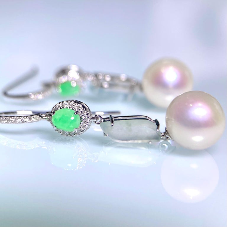 Eostre Akoya Pearl, Type A Green & White Jadeite and Diamond White Gold Earring