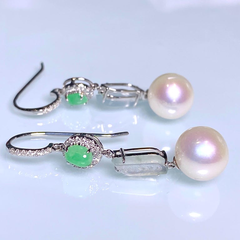 Eostre Akoya Pearl, Type A Green & White Jadeite and Diamond White Gold Earring