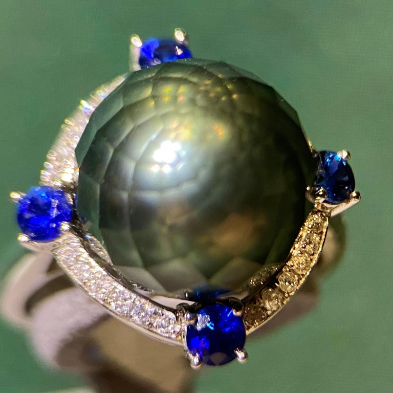 Eostre Faceted Black Tahitian Pearl, Sapphire and Diamond White Gold Ring