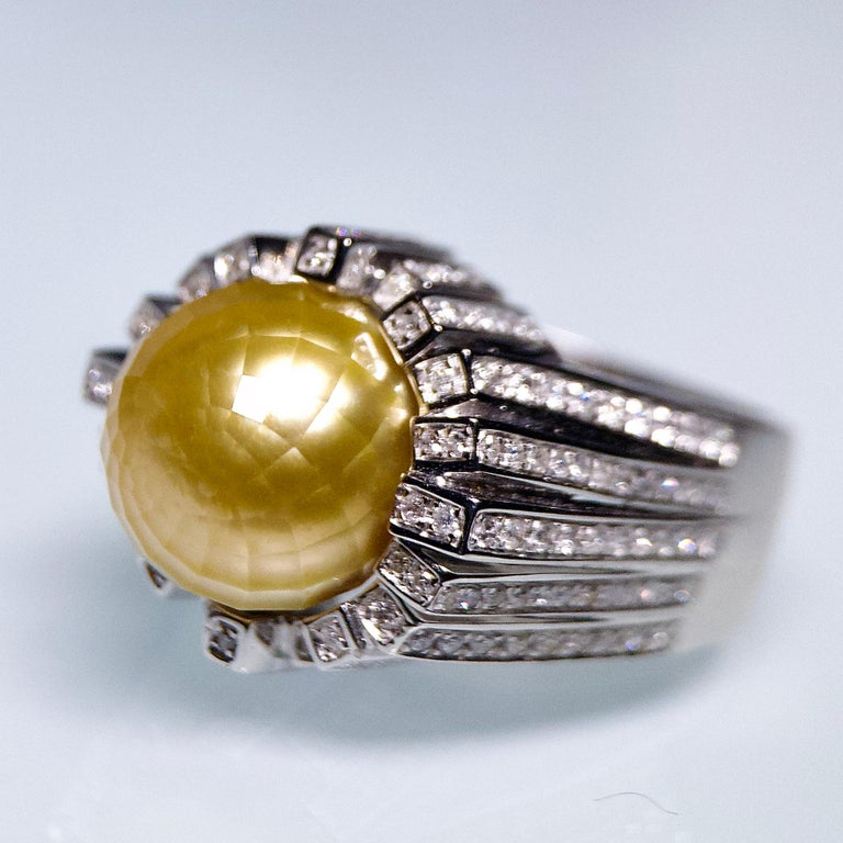 Eostre Faceted Golden South Sea Pearl and Diamond White Gold Ring