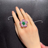 Eostre Type A Green Jadeite, Pink Sapphire and Diamond Pendant Ring in 18k Gold