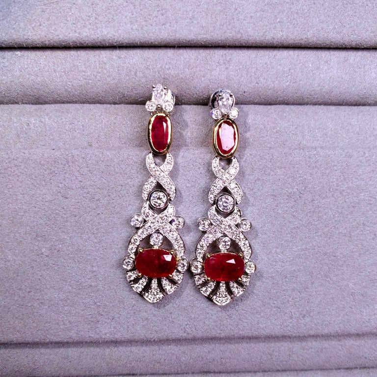 Eostre Burmese unheated Ruby Pigeon Blood Color And Diamond  White Gold Earring