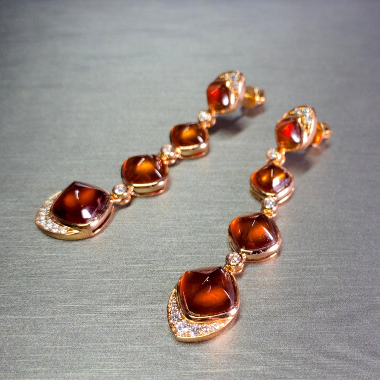 Spessartite Fanta Garnet Cabochon and Diamond Earring in 18k Rose Gold