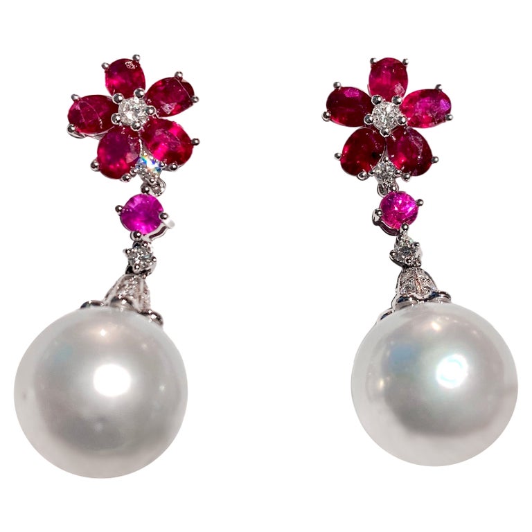 Eostre Ruby, White South Sea Pearl and Diamond White Gold Earring