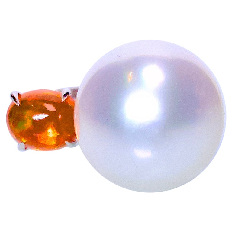 Eostre Fire Opal, South Sea Pearl, Ruby and Diamond White Gold Ring