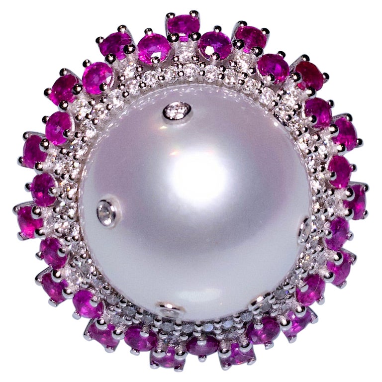 Eostre White South Sea Pearl, Ruby and Diamond White Gold Ring