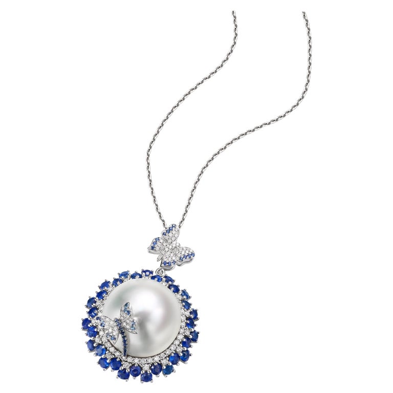 Eostre South Sea Pearl, Blue Sapphire and Diamond White Gold Pendant