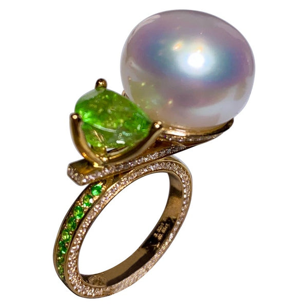 Eostre White South Sea Pearl, Tsavorite and Diamond White Gold Ring