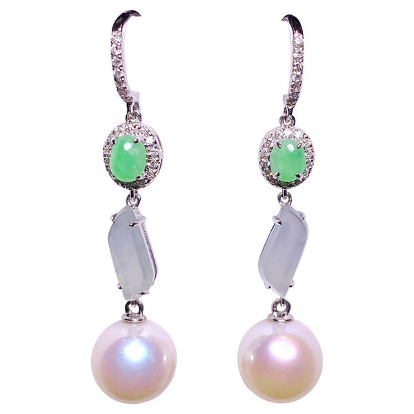 Eostre Akoya Pearl, Type A Green & White Jadeite and Diamond White Gold Earring