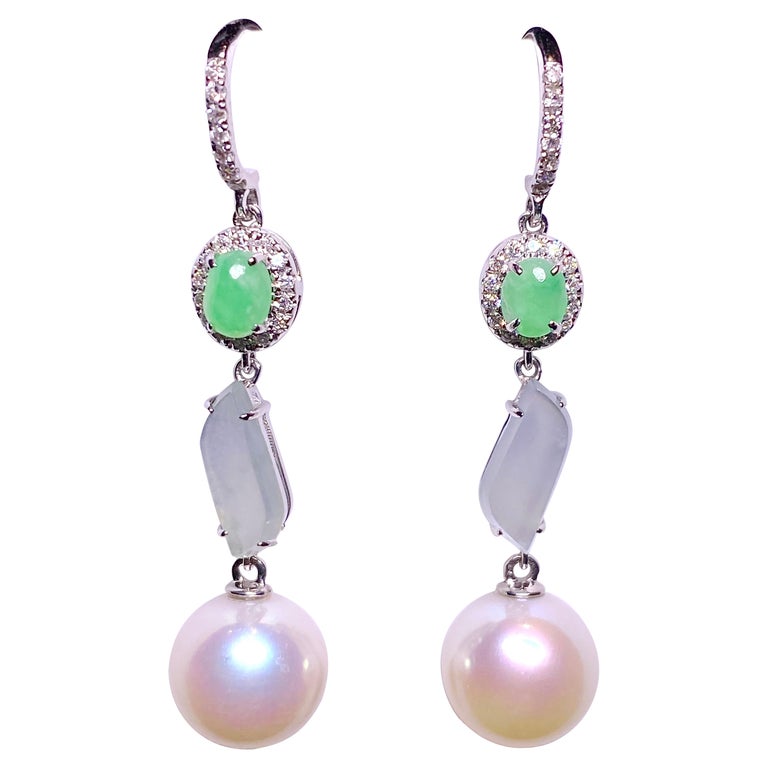 Eostre Akoya Pearl, Type A Green & White Jadeite and Diamond White Gold Earring