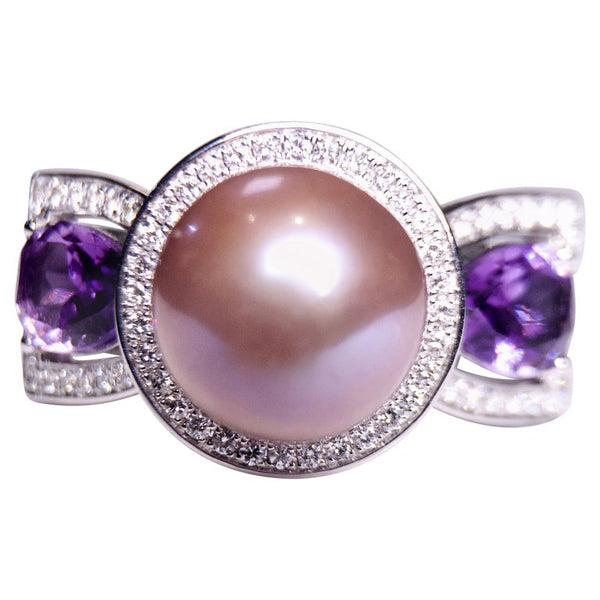 Eostre Freshwater Pearl, Amethyst, Type A Jadeite and Diamond White Gold Ring