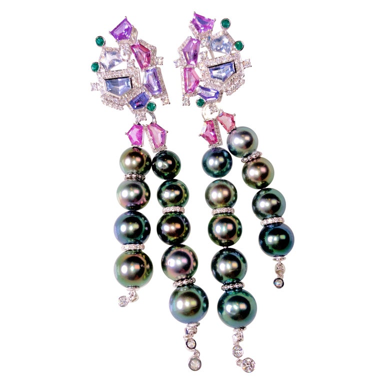 Eostre Sapphire, Tahitian Pearl and Diamond Detachable White Gold Earring