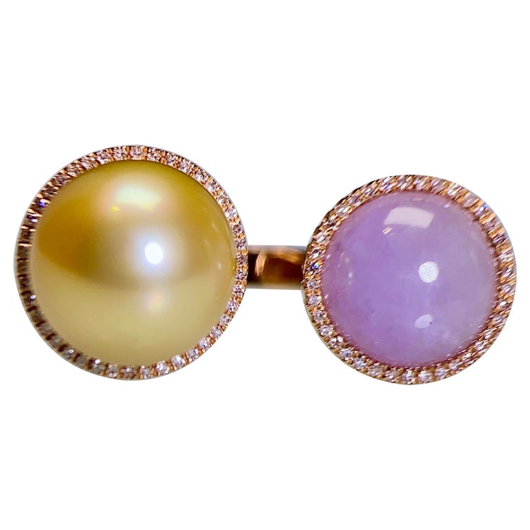 Eostre Golden South Sea Pearl, Type A Jadeite and Diamond Yellow Gold Ring