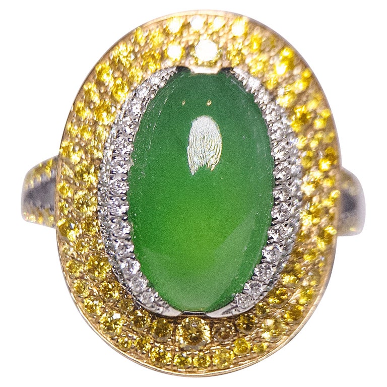 Eostre Type A Natural Green Jadeite, Yellow and White Diamond Yellow Gold Ring