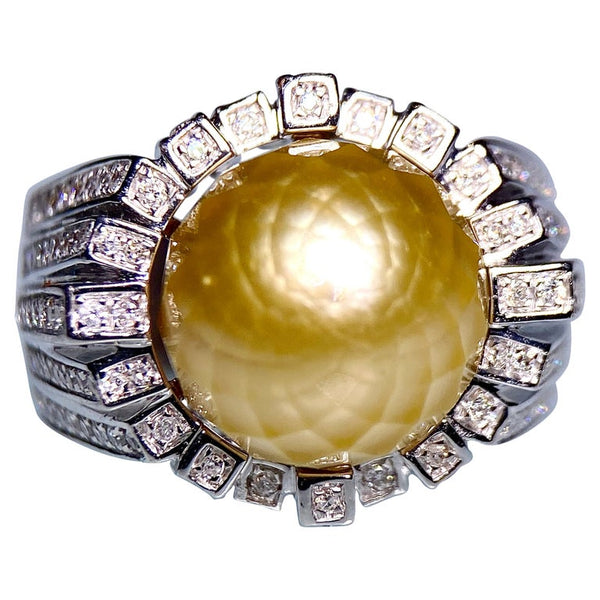 Eostre Faceted Golden South Sea Pearl and Diamond White Gold Ring